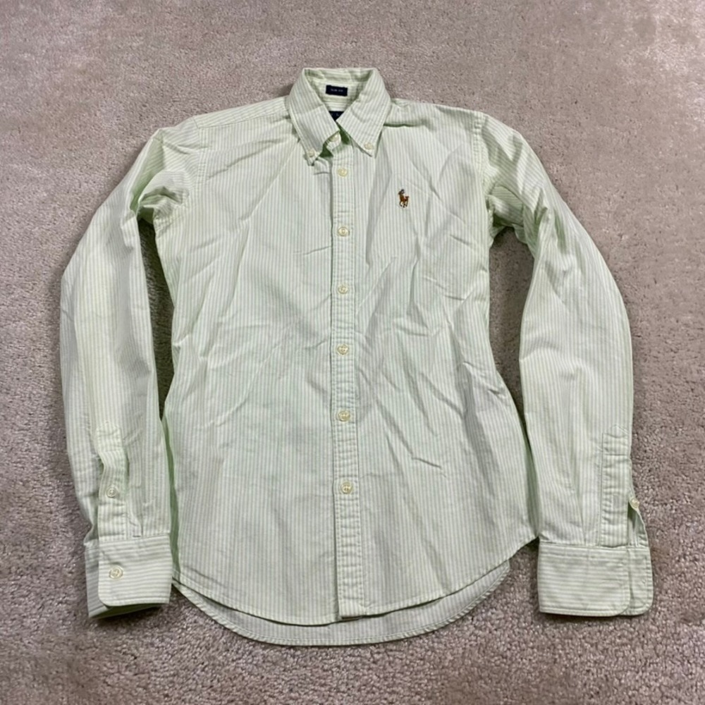 Polo Ralph Lauren Shirt Womens 0 Slim Fit Striped Oxford Green White